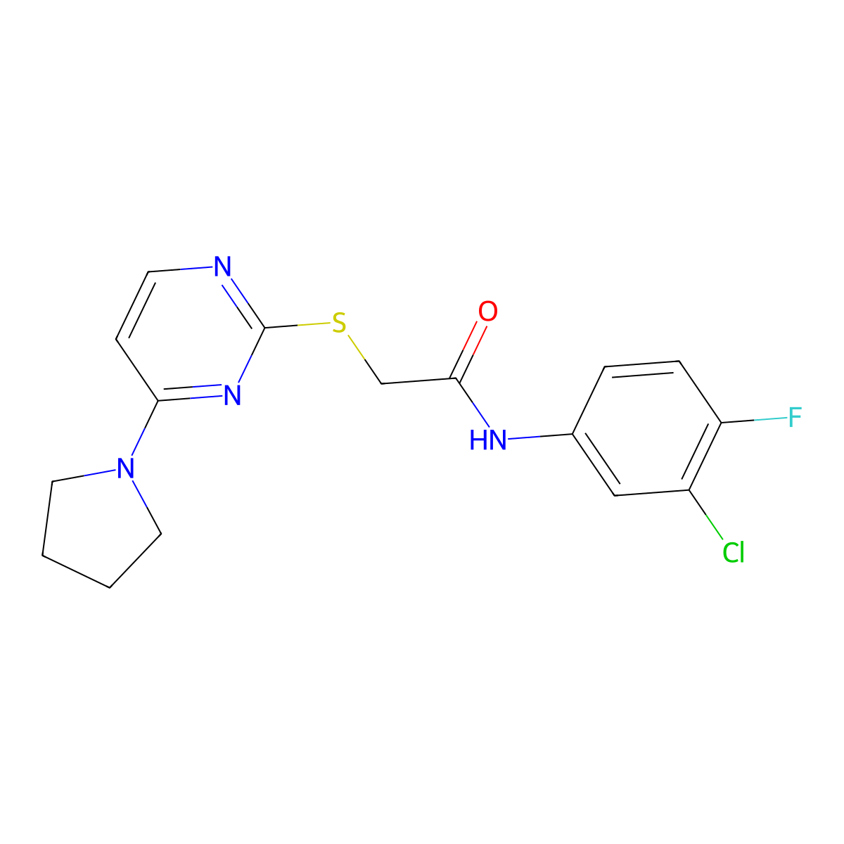 N-(3-chloro-4-fluorophenyl)-2-{[4-(pyrrolidin-1-yl)pyrimidin-2-yl]sulfanyl}acetamide molecular structure, CAS 1251681-56-7