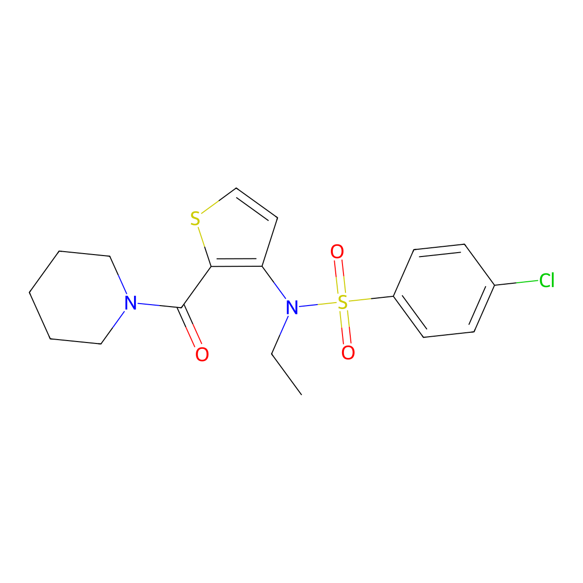4-chloro-N-ethyl-N-(2-(piperidine-1-carbonyl)thiophen-3-yl)benzenesulfonamide molecular structure, CAS 1251681-58-9