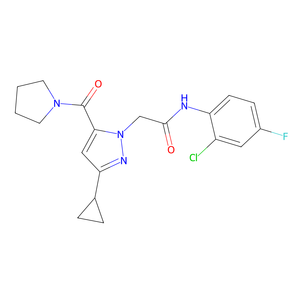 N~1~-(2-chloro-4-fluorophenyl)-2-[3-cyclopropyl-5-(1-pyrrolidinylcarbonyl)-1H-pyrazol-1-yl]acetamide molecular structure, CAS 1251681-68-1