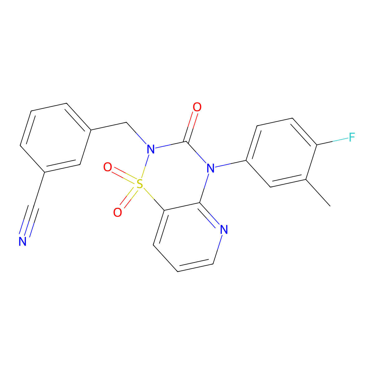 3-((4-(4-fluoro-3-methylphenyl)-1,1-dioxido-3-oxo-3,4-dihydro-2H-pyrido[2,3-e][1,2,4]thiadiazin-2-yl)methyl)benzonitrile molecular structure, CAS 1251681-71-6