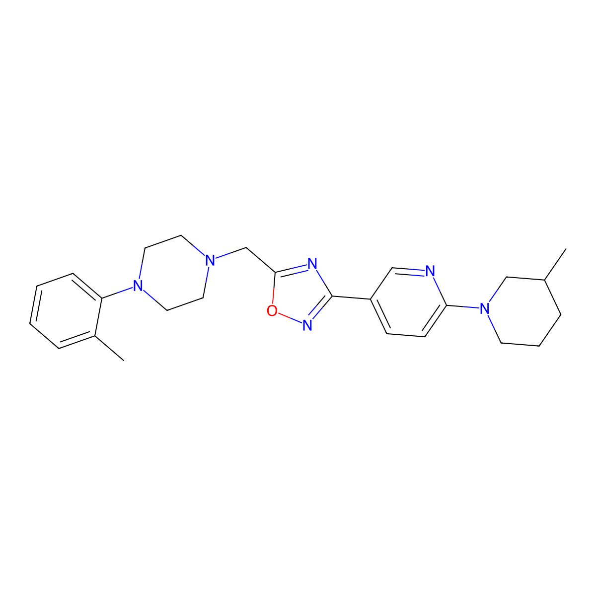 1-(2-Methylphenyl)-4-({3-[6-(3-methylpiperidin-1-yl)pyridin-3-yl]-1,2,4-oxadiazol-5-yl}methyl)piperazine molecular structure, CAS 1251681-74-9
