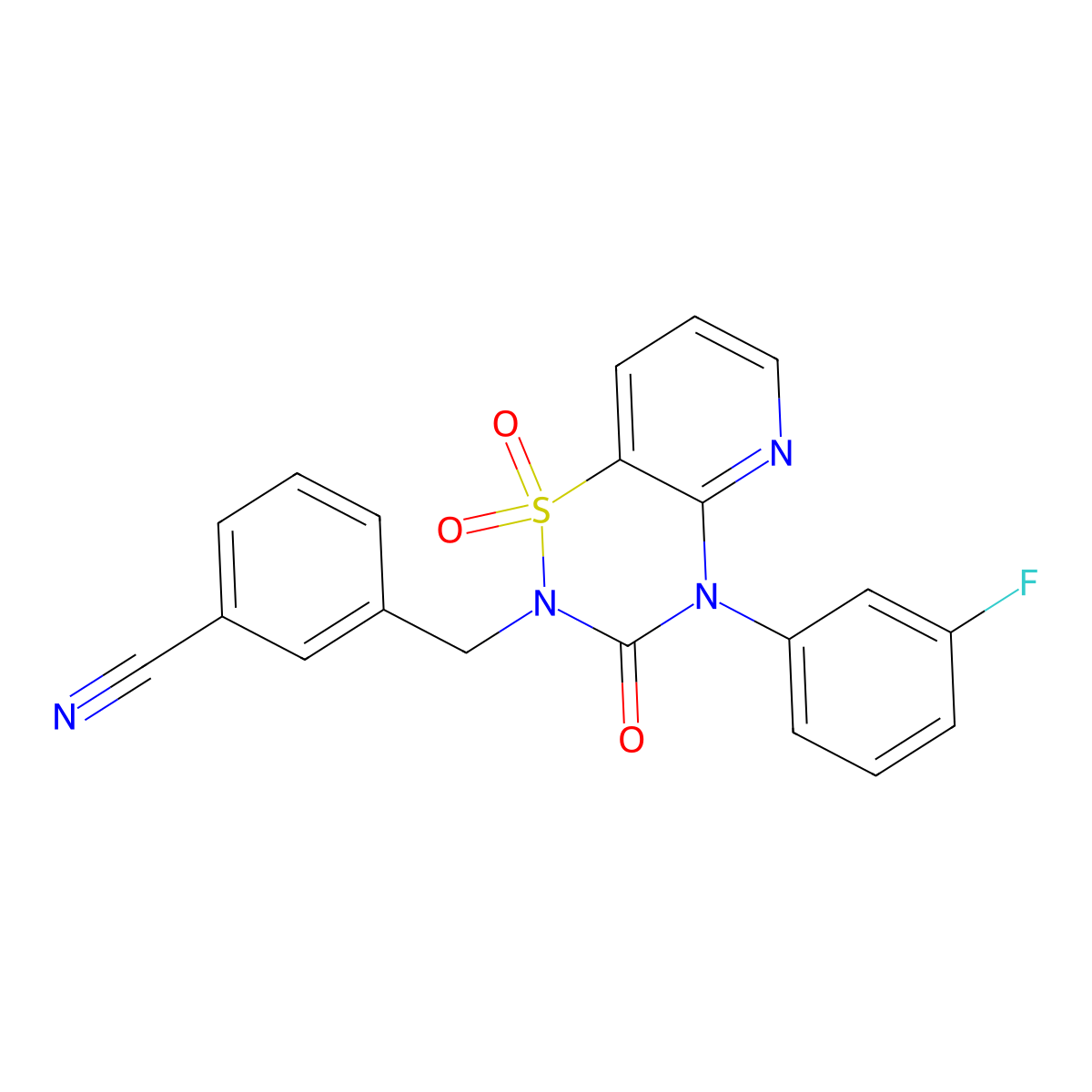 3-((4-(3-fluorophenyl)-1,1-dioxido-3-oxo-3,4-dihydro-2H-pyrido[2,3-e][1,2,4]thiadiazin-2-yl)methyl)benzonitrile molecular structure, CAS 1251681-91-0