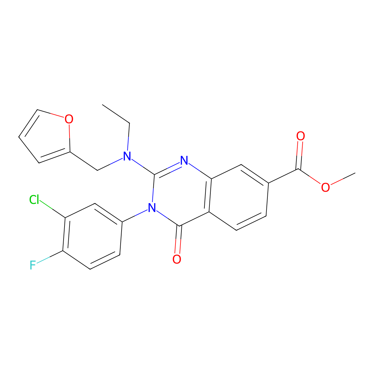 Methyl 3-(3-chloro-4-fluorophenyl)-2-(ethyl(furan-2-ylmethyl)amino)-4-oxo-3,4-dihydroquinazoline-7-carboxylate molecular structure, CAS 1251682-02-6