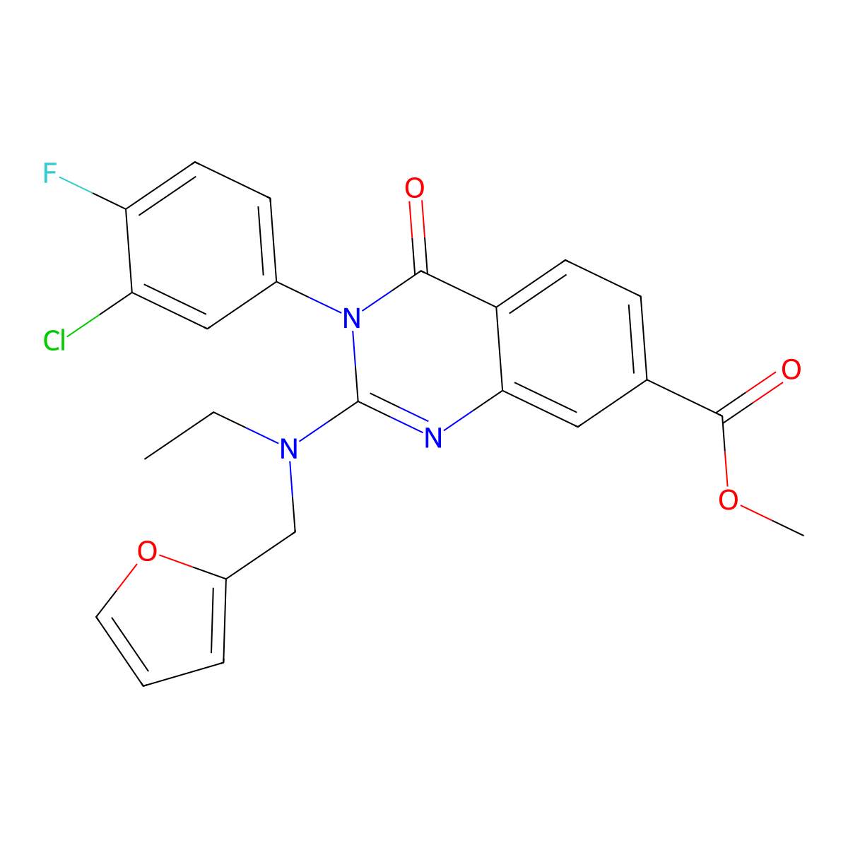 Methyl 3-(3-chloro-4-fluorophenyl)-2-(ethyl(furan-2-ylmethyl)amino)-4-oxo-3,4-dihydroquinazoline-7-carboxylate molecular structure, CAS 1251682-02-6