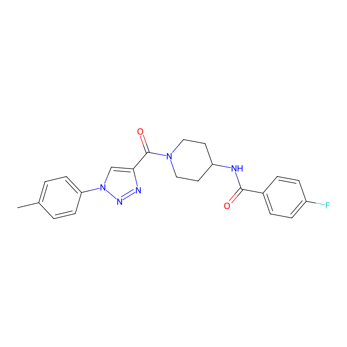 4-fluoro-N-(1-(1-(p-tolyl)-1H-1,2,3-triazole-4-carbonyl)piperidin-4-yl)benzamide molecular structure, CAS 1251682-20-8