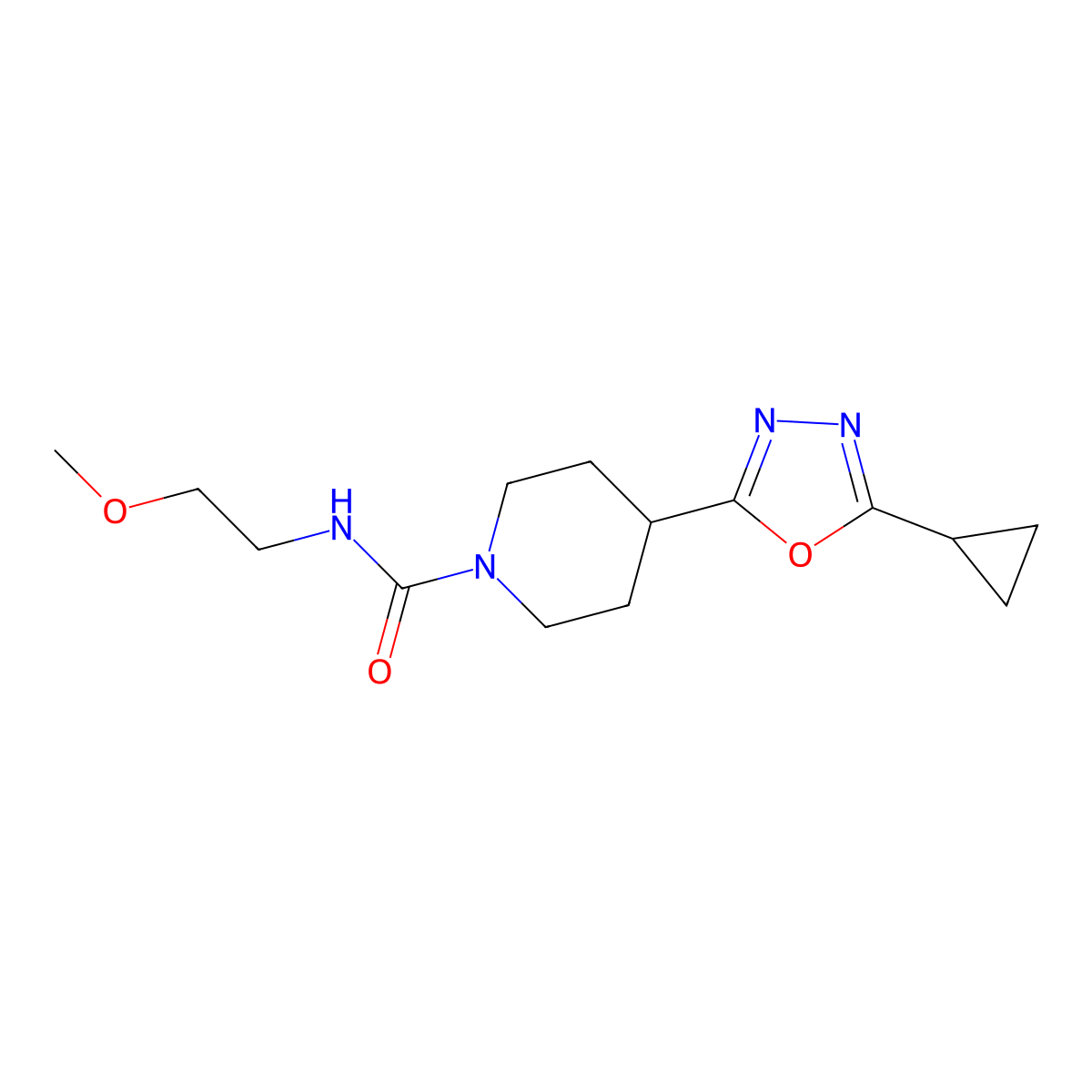 4-(5-cyclopropyl-1,3,4-oxadiazol-2-yl)-N-(2-methoxyethyl)piperidine-1-carboxamide molecular structure, CAS 1251682-30-0