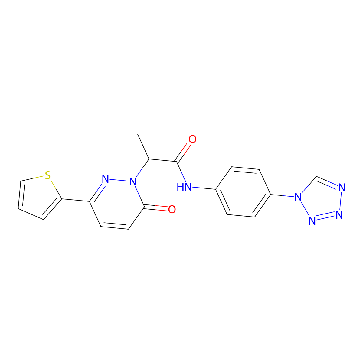N-(4-(1H-tetrazol-1-yl)phenyl)-2-(6-oxo-3-(thiophen-2-yl)pyridazin-1(6H)-yl)propanamide molecular structure, CAS 1251682-38-8