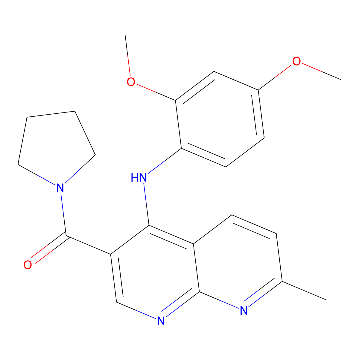 (4-((2,4-Dimethoxyphenyl)amino)-7-methyl-1,8-naphthyridin-3-yl)(pyrrolidin-1-yl)methanone molecular structure, CAS 1251682-75-3
