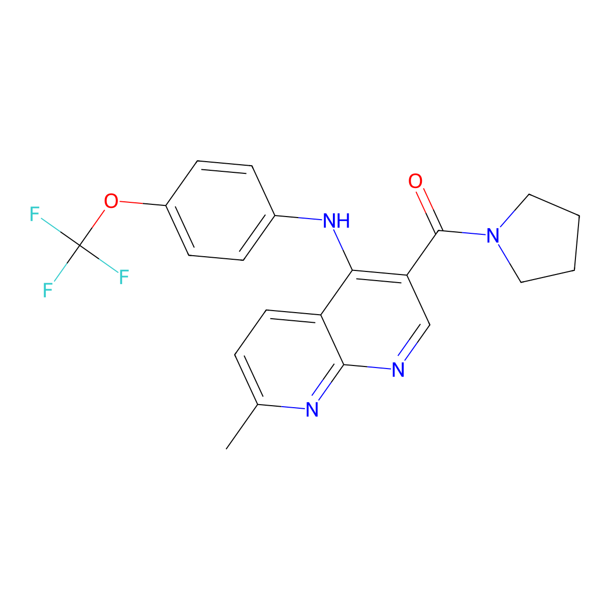 (7-Methyl-4-((4-(trifluoromethoxy)phenyl)amino)-1,8-naphthyridin-3-yl)(pyrrolidin-1-yl)methanone molecular structure, CAS 1251682-83-3