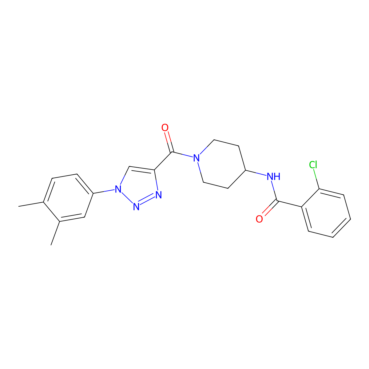 2-chloro-N-(1-(1-(3,4-dimethylphenyl)-1H-1,2,3-triazole-4-carbonyl)piperidin-4-yl)benzamide molecular structure, CAS 1251682-84-4