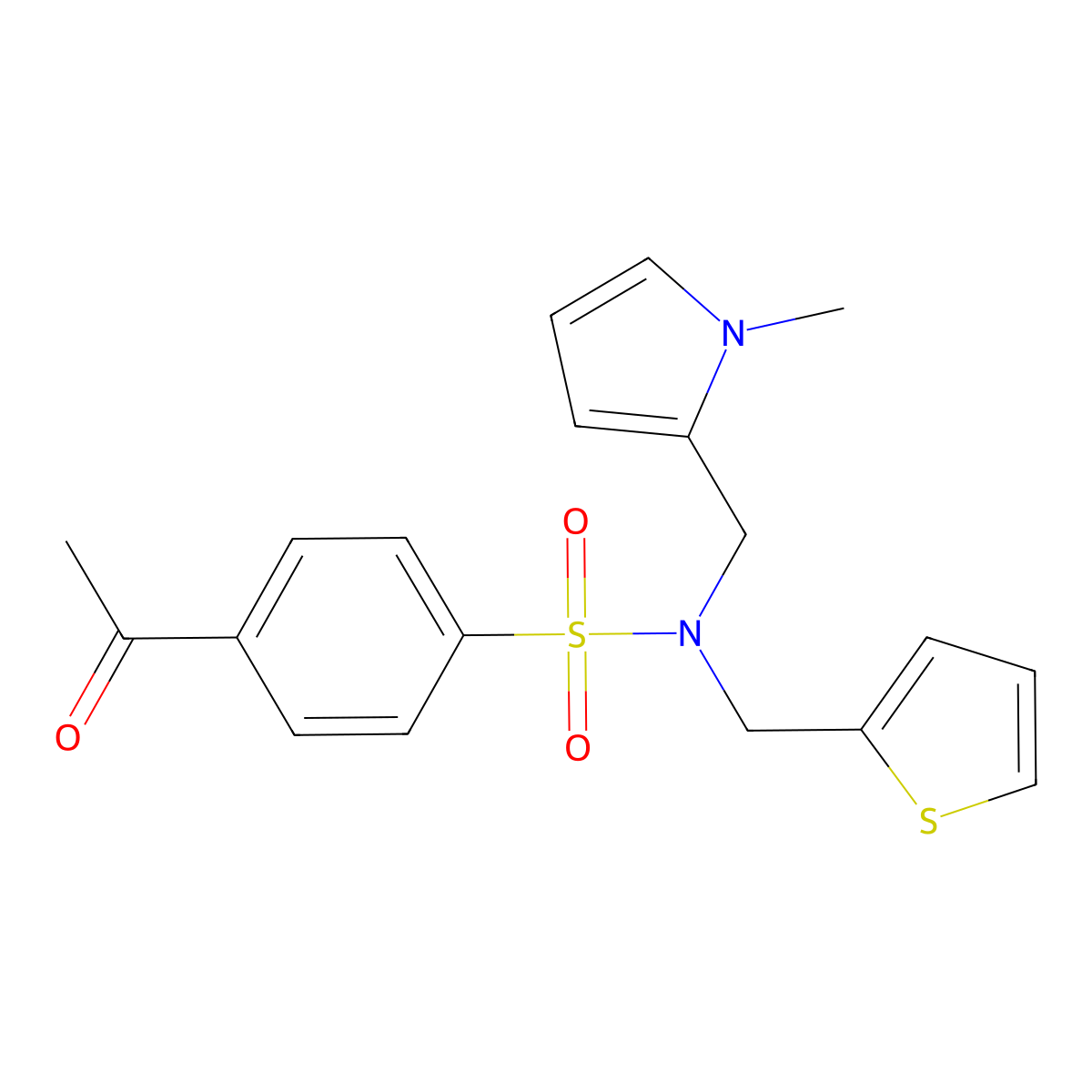 4-acetyl-N-((1-methyl-1H-pyrrol-2-yl)methyl)-N-(thiophen-2-ylmethyl)benzenesulfonamide molecular structure, CAS 1251683-03-0