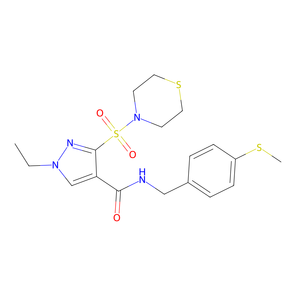 1-ethyl-N-(4-(methylthio)benzyl)-3-(thiomorpholinosulfonyl)-1H-pyrazole-4-carboxamide molecular structure, CAS 1251683-09-6