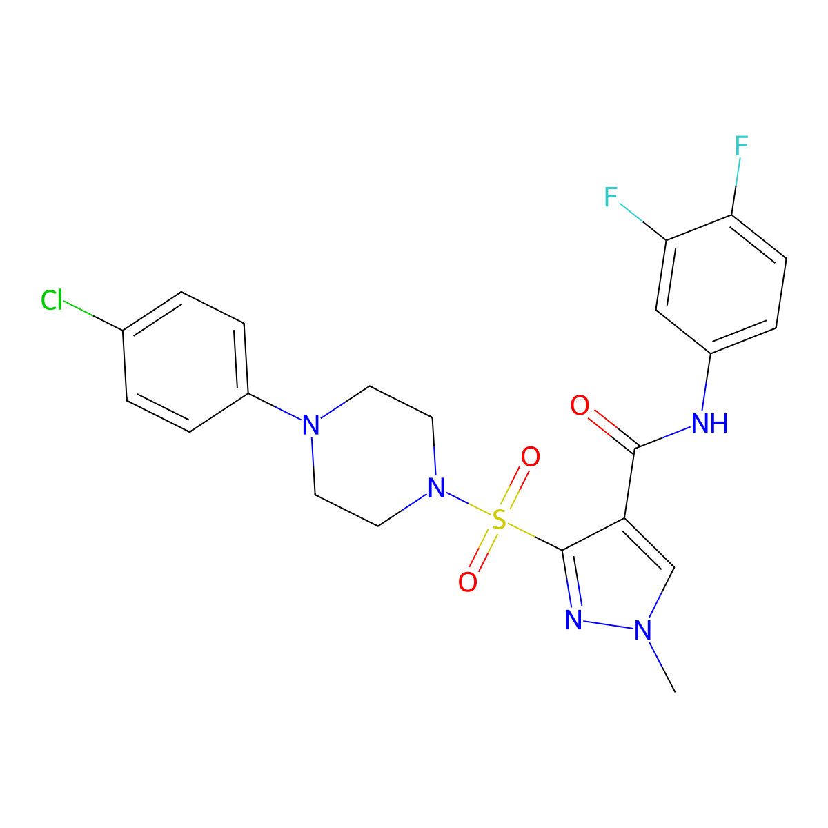 3-{[4-(4-chlorophenyl)piperazin-1-yl]sulfonyl}-N-(3,4-difluorophenyl)-1-methyl-1H-pyrazole-4-carboxamide molecular structure, CAS 1251683-15-4
