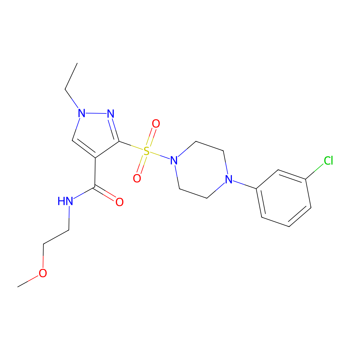 3-{[4-(3-chlorophenyl)piperazin-1-yl]sulfonyl}-1-ethyl-N-(2-methoxyethyl)-1H-pyrazole-4-carboxamide molecular structure, CAS 1251683-22-3