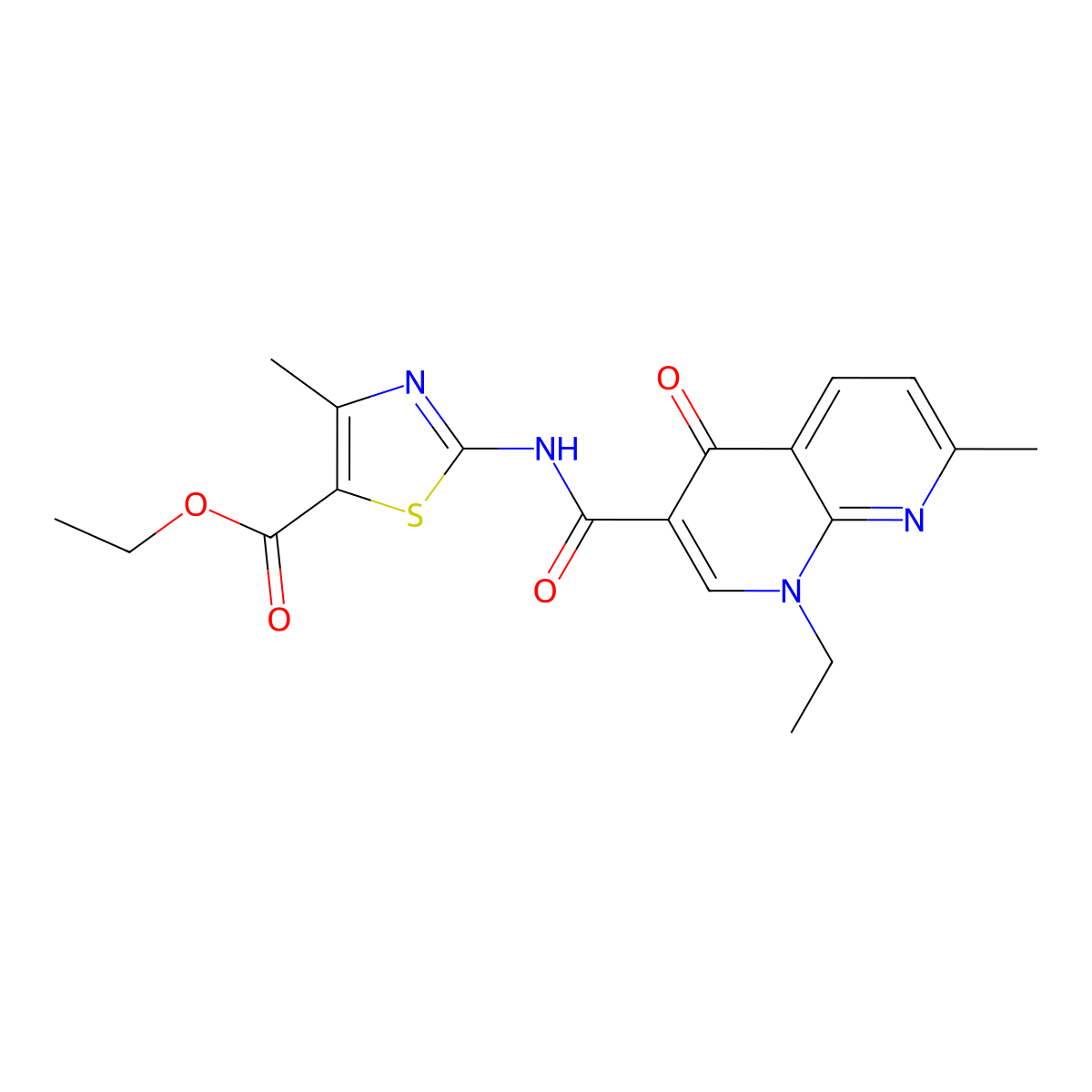 Ethyl 2-(1-ethyl-7-methyl-4-oxo-1,4-dihydro-1,8-naphthyridine-3-carboxamido)-4-methylthiazole-5-carboxylate molecular structure, CAS 1251683-30-3