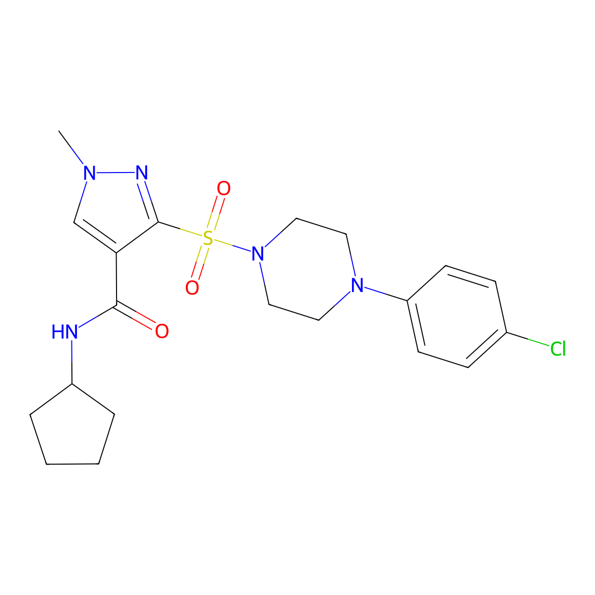3-{[4-(4-chlorophenyl)piperazin-1-yl]sulfonyl}-N-cyclopentyl-1-methyl-1H-pyrazole-4-carboxamide molecular structure, CAS 1251683-31-4