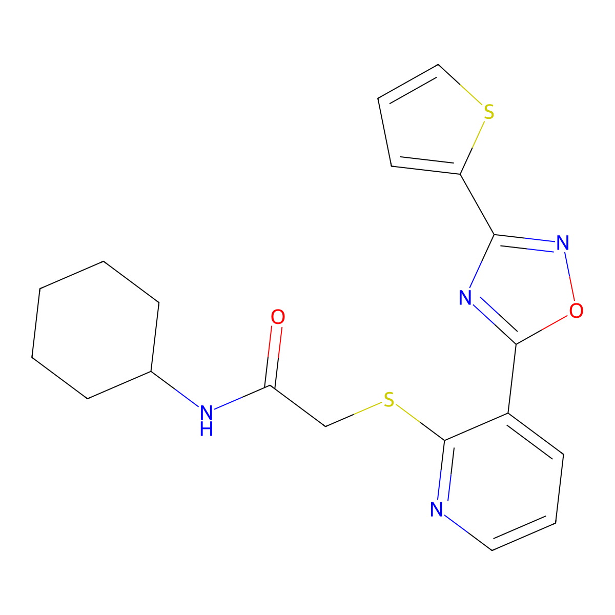 N-cyclohexyl-2-((3-(3-(thiophen-2-yl)-1,2,4-oxadiazol-5-yl)pyridin-2-yl)thio)acetamide molecular structure, CAS 1251683-41-6