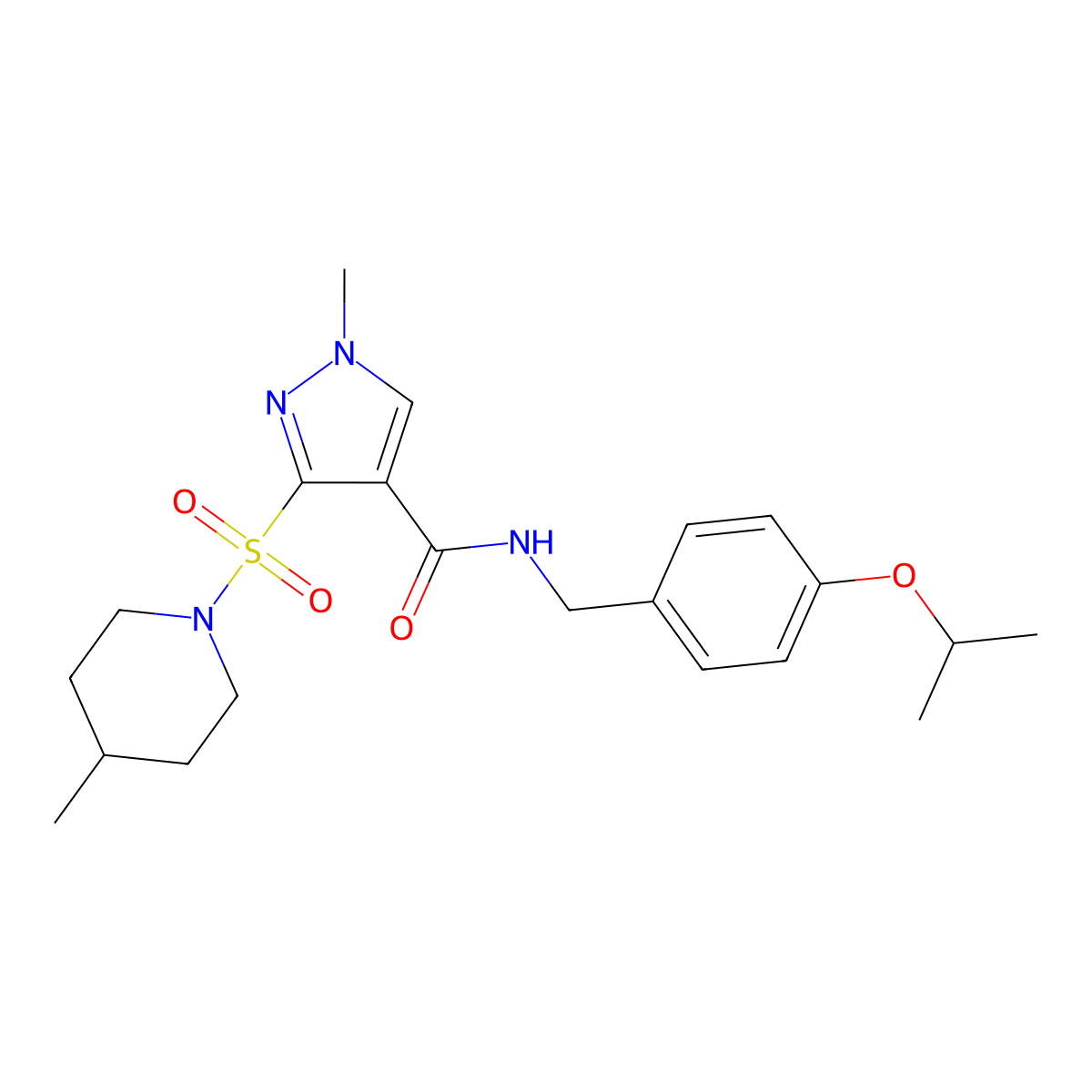 N-(4-isopropoxybenzyl)-1-methyl-3-((4-methylpiperidin-1-yl)sulfonyl)-1H-pyrazole-4-carboxamide molecular structure, CAS 1251683-50-7