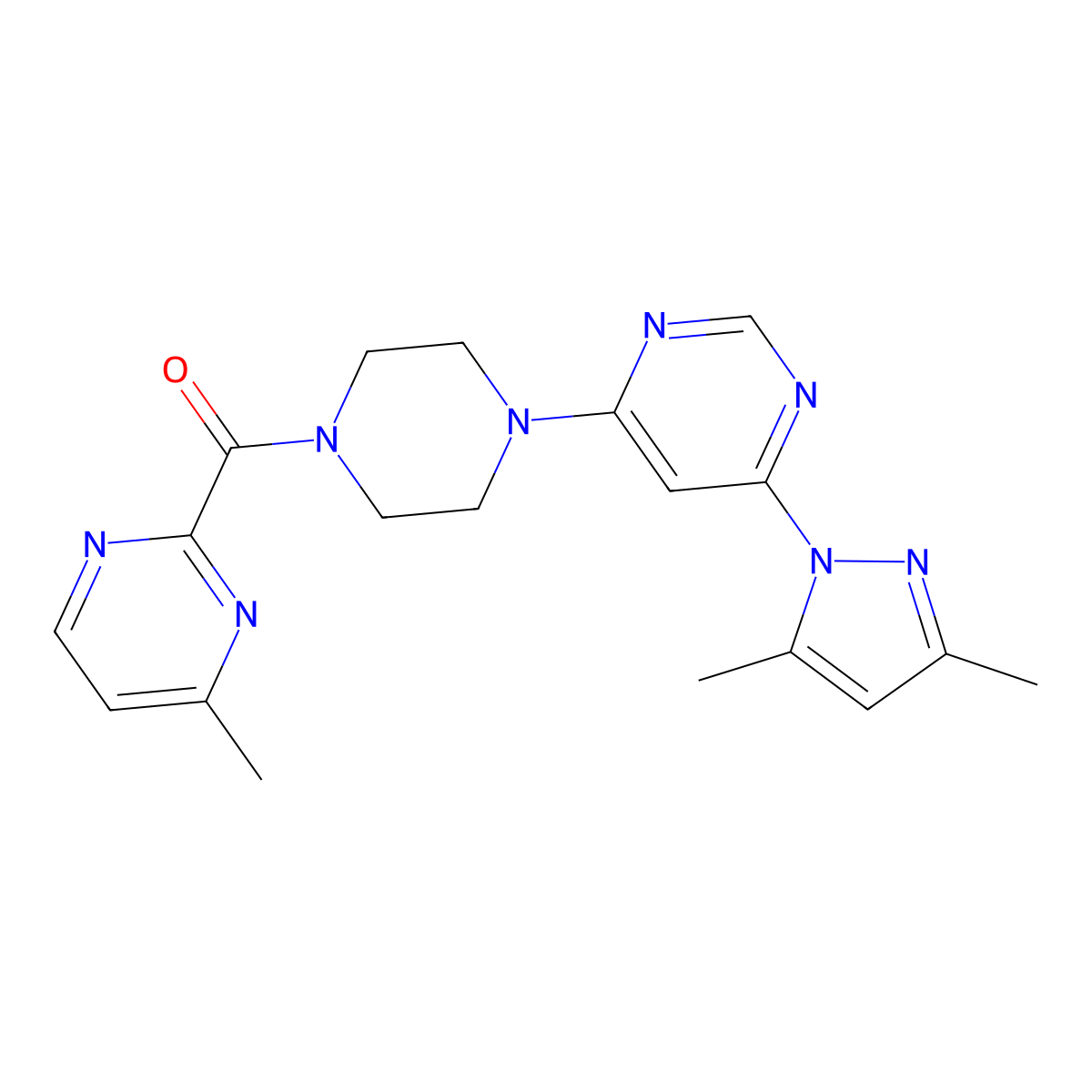 (4-(6-(3,5-dimethyl-1H-pyrazol-1-yl)pyrimidin-4-yl)piperazin-1-yl)(4-methylpyrimidin-2-yl)methanone molecular structure, CAS 1251683-56-3