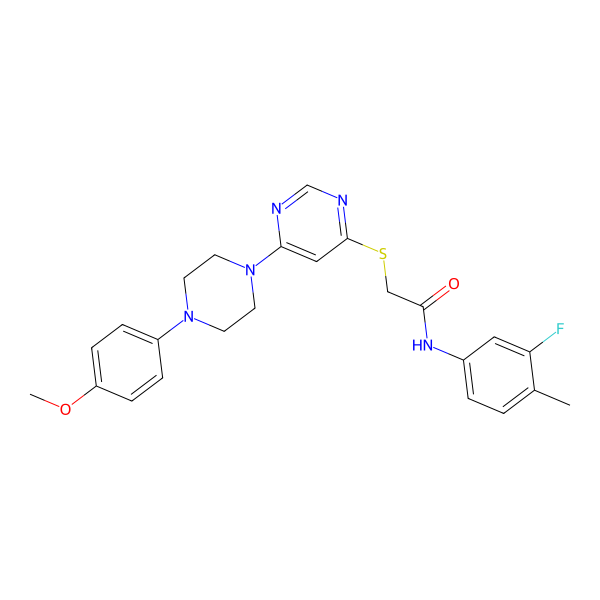 N-(3-fluoro-4-methylphenyl)-2-((6-(4-(4-methoxyphenyl)piperazin-1-yl)pyrimidin-4-yl)thio)acetamide molecular structure, CAS 1251683-77-8