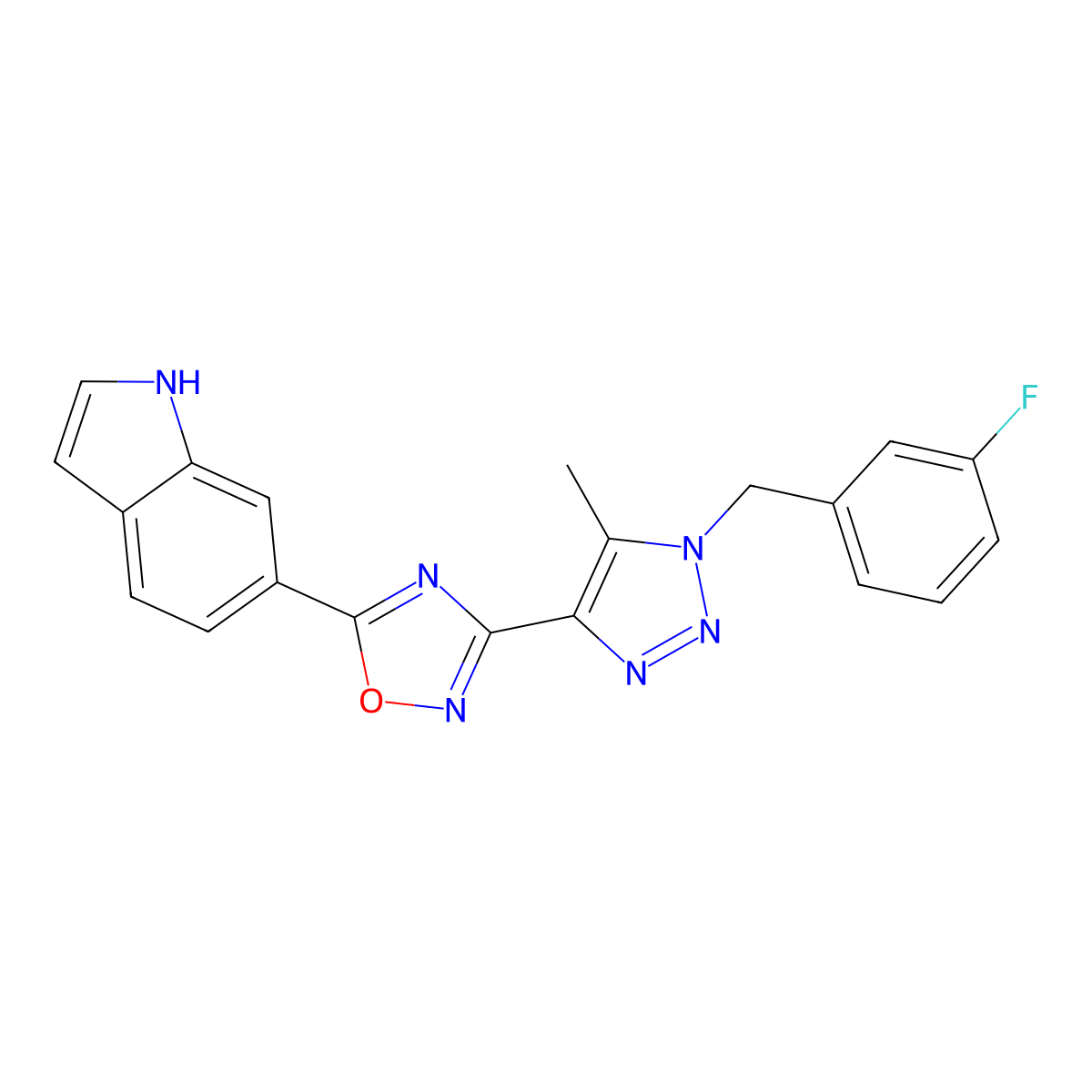 3-(1-(3-fluorobenzyl)-5-methyl-1H-1,2,3-triazol-4-yl)-5-(1H-indol-6-yl)-1,2,4-oxadiazole molecular structure, CAS 1251683-79-0