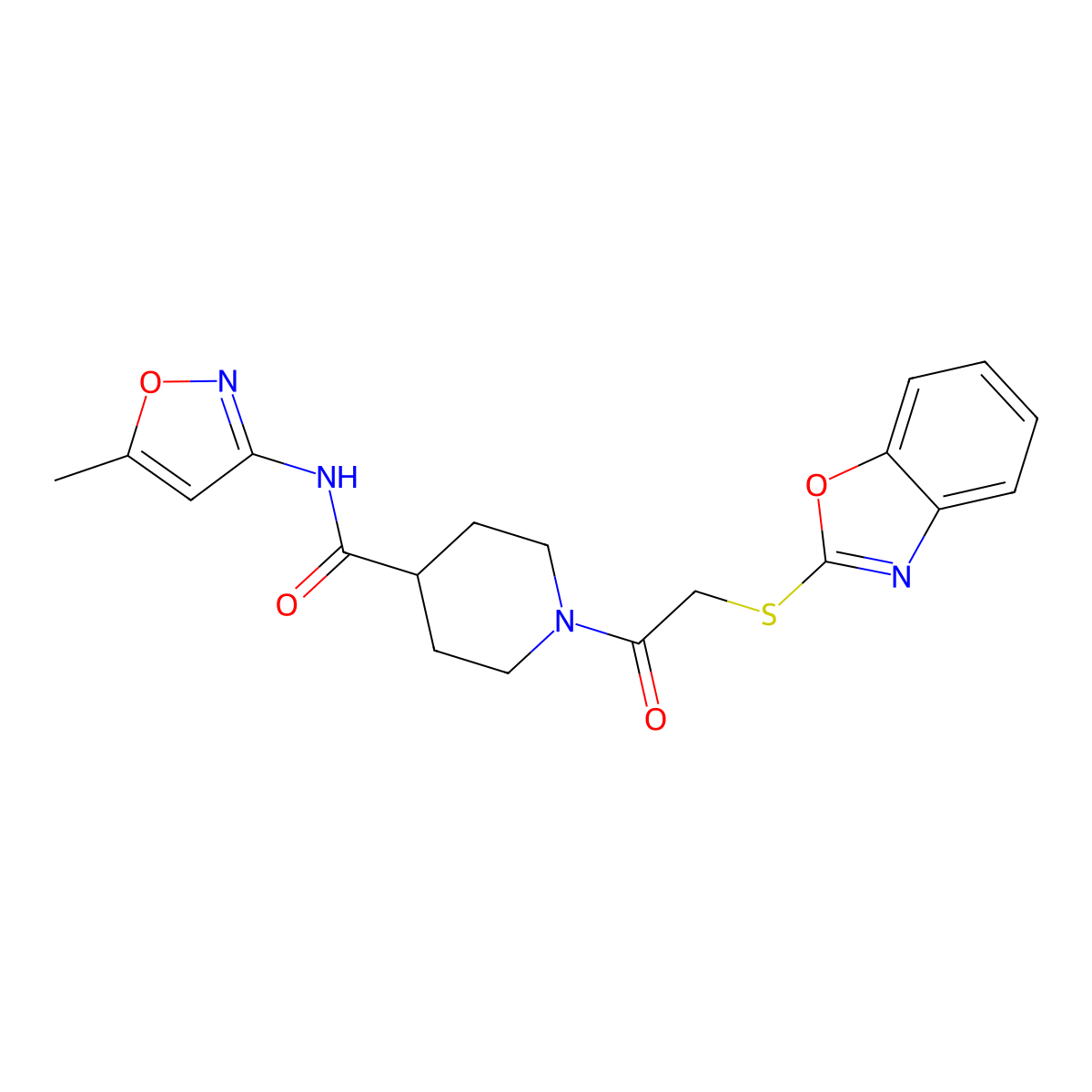 1-(2-(benzo[d]oxazol-2-ylthio)acetyl)-N-(5-methylisoxazol-3-yl)piperidine-4-carboxamide molecular structure, CAS 1251683-91-6