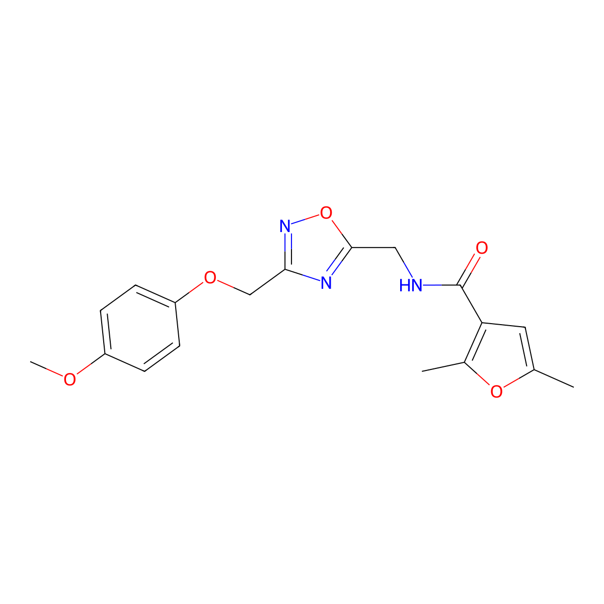 N-((3-((4-methoxyphenoxy)methyl)-1,2,4-oxadiazol-5-yl)methyl)-2,5-dimethylfuran-3-carboxamide molecular structure, CAS 1251684-02-2