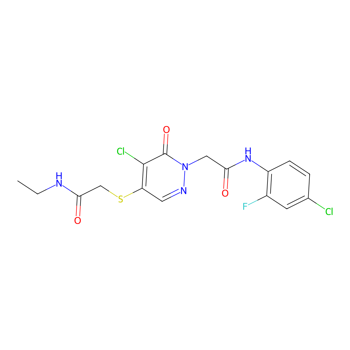 2-((5-chloro-1-(2-((4-chloro-2-fluorophenyl)amino)-2-oxoethyl)-6-oxo-1,6-dihydropyridazin-4-yl)thio)-N-ethylacetamide molecular structure, CAS 1251684-12-4