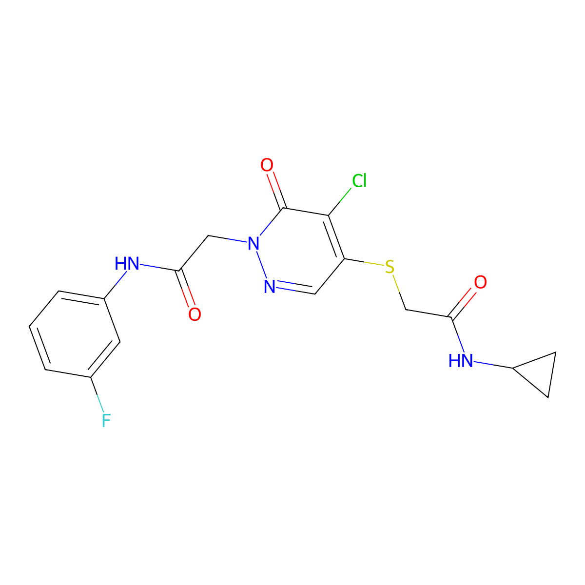2-((5-chloro-1-(2-((3-fluorophenyl)amino)-2-oxoethyl)-6-oxo-1,6-dihydropyridazin-4-yl)thio)-N-cyclopropylacetamide molecular structure, CAS 1251684-16-8