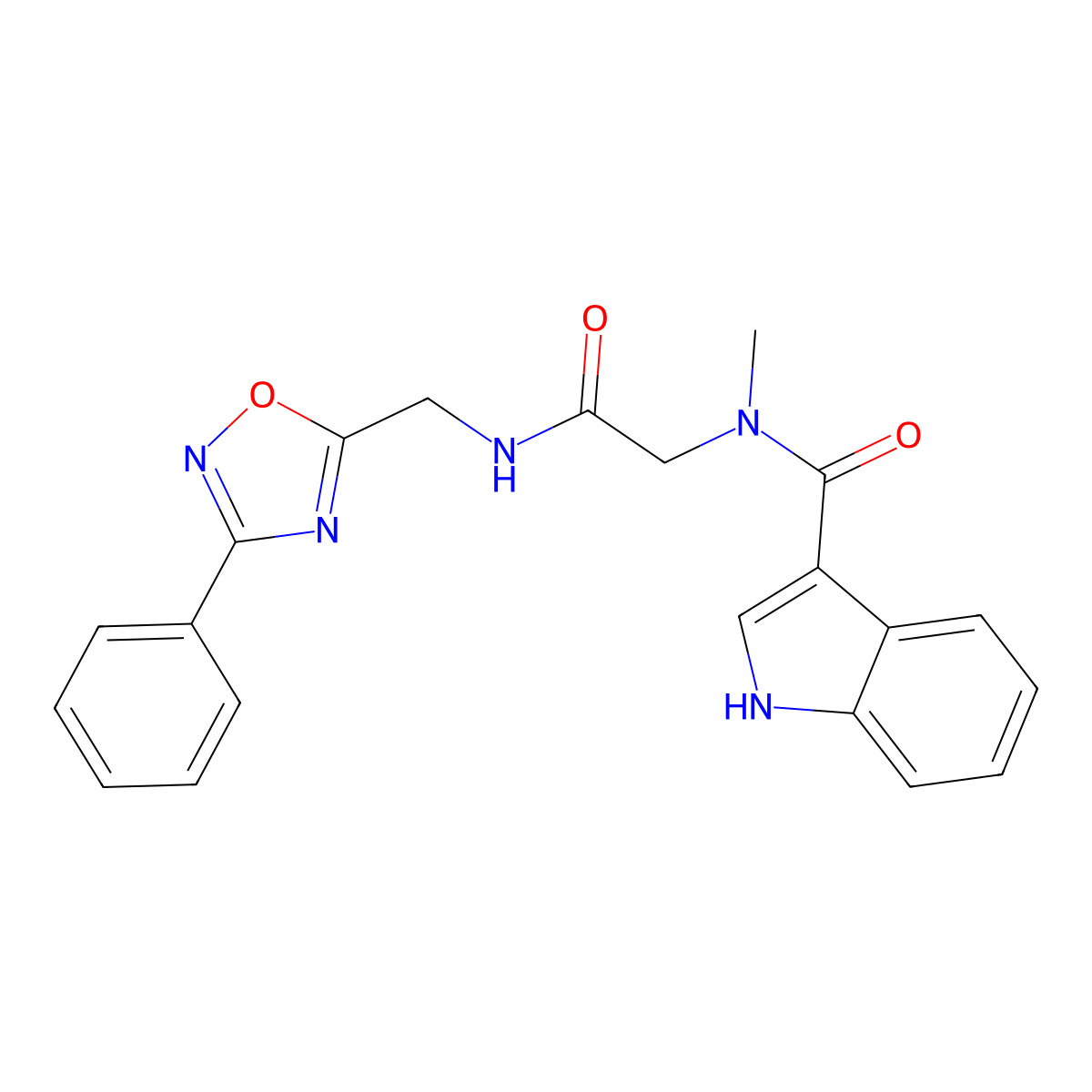 N-methyl-N-(2-oxo-2-(((3-phenyl-1,2,4-oxadiazol-5-yl)methyl)amino)ethyl)-1H-indole-3-carboxamide molecular structure, CAS 1251684-18-0