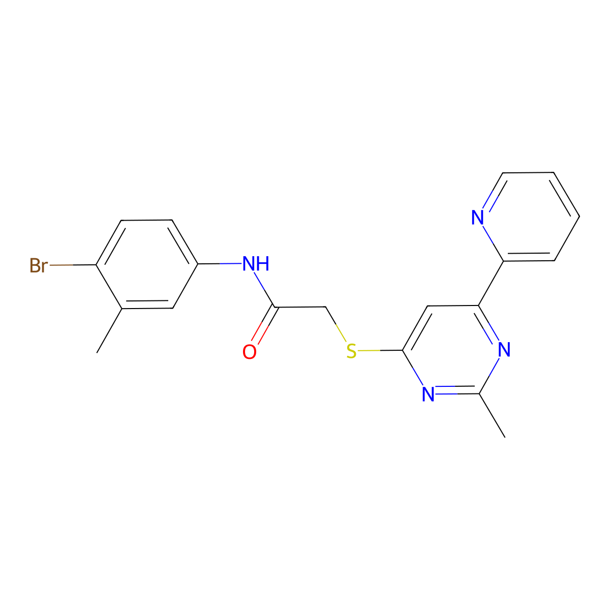 N-(4-bromo-3-methylphenyl)-2-((2-methyl-6-(pyridin-2-yl)pyrimidin-4-yl)thio)acetamide molecular structure, CAS 1251684-20-4