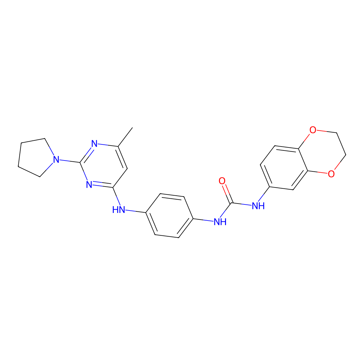1-(2,3-Dihydrobenzo[b][1,4]dioxin-6-yl)-3-(4-((6-methyl-2-(pyrrolidin-1-yl)pyrimidin-4-yl)amino)phenyl)urea molecular structure, CAS 1251684-22-6