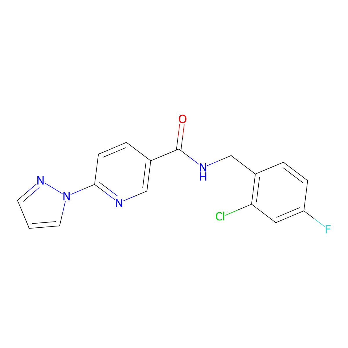 N-(2-chloro-4-fluorobenzyl)-6-(1H-pyrazol-1-yl)nicotinamide molecular structure, CAS 1251684-42-0
