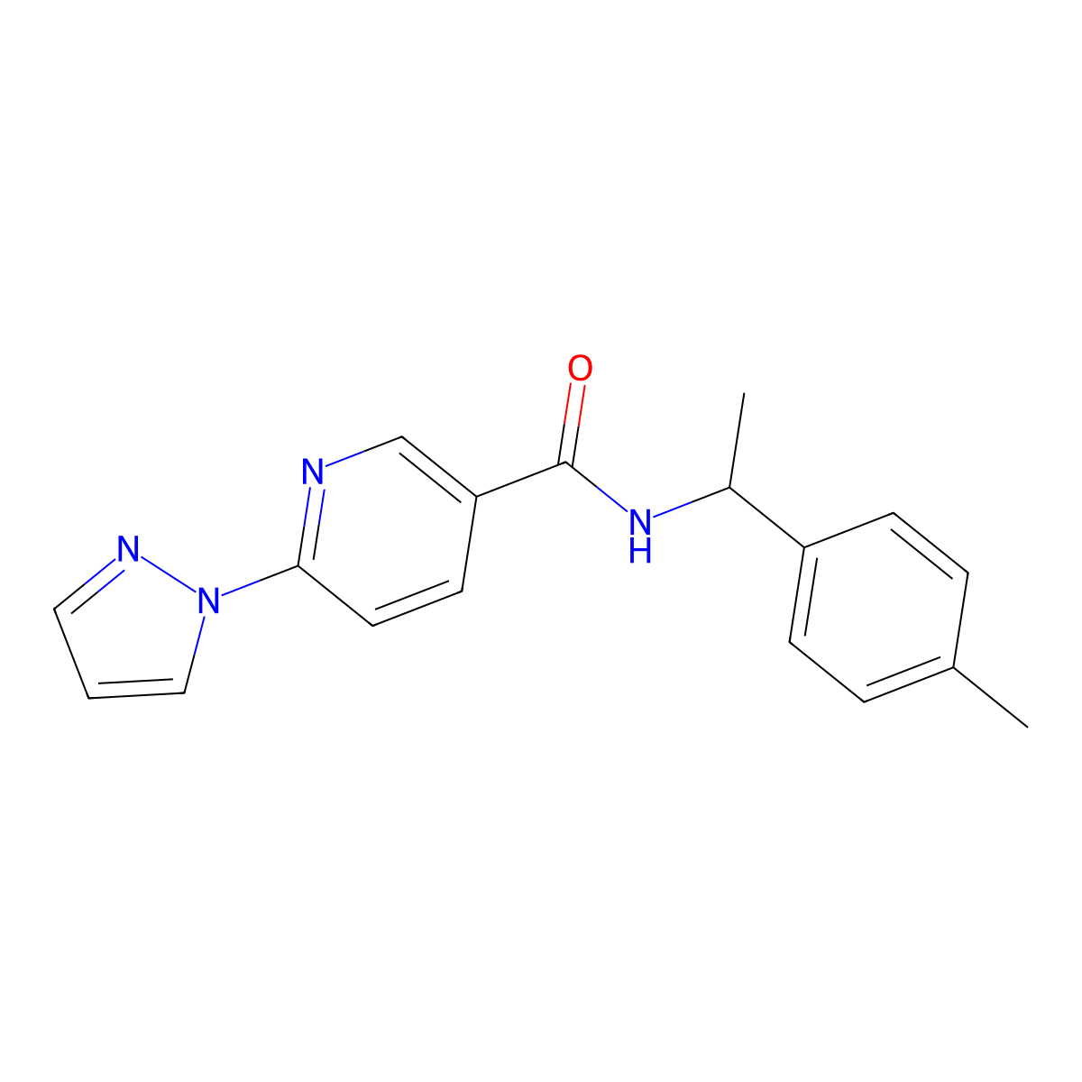 6-(1H-pyrazol-1-yl)-N-(1-(p-tolyl)ethyl)nicotinamide molecular structure, CAS 1251684-46-4