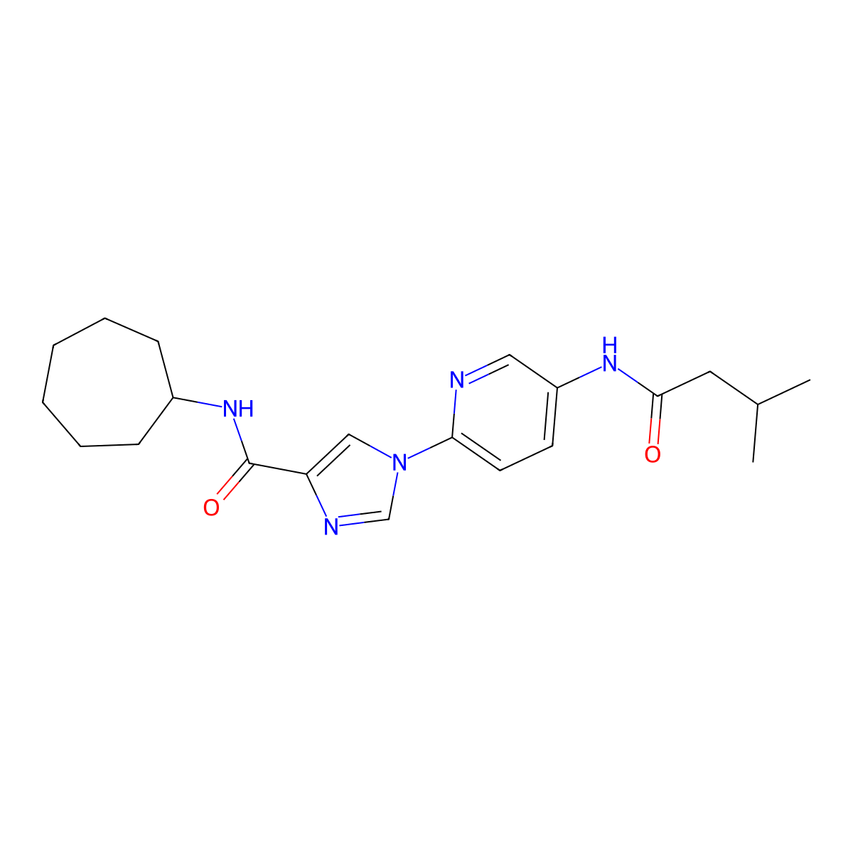 N-cycloheptyl-1-[5-(3-methylbutanamido)pyridin-2-yl]-1H-imidazole-4-carboxamide molecular structure, CAS 1251684-68-0
