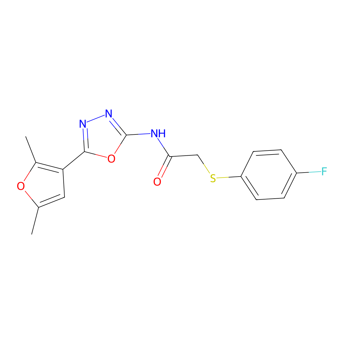 N-(5-(2,5-dimethylfuran-3-yl)-1,3,4-oxadiazol-2-yl)-2-((4-fluorophenyl)thio)acetamide molecular structure, CAS 1251684-70-4
