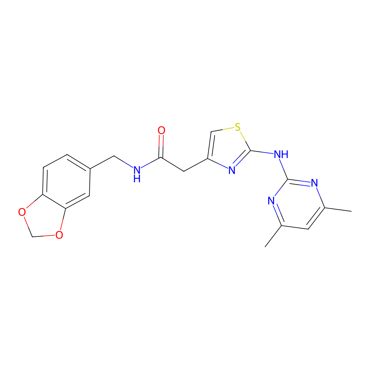 N-(benzo[d][1,3]dioxol-5-ylmethyl)-2-(2-((4,6-dimethylpyrimidin-2-yl)amino)thiazol-4-yl)acetamide molecular structure, CAS 1251684-84-0