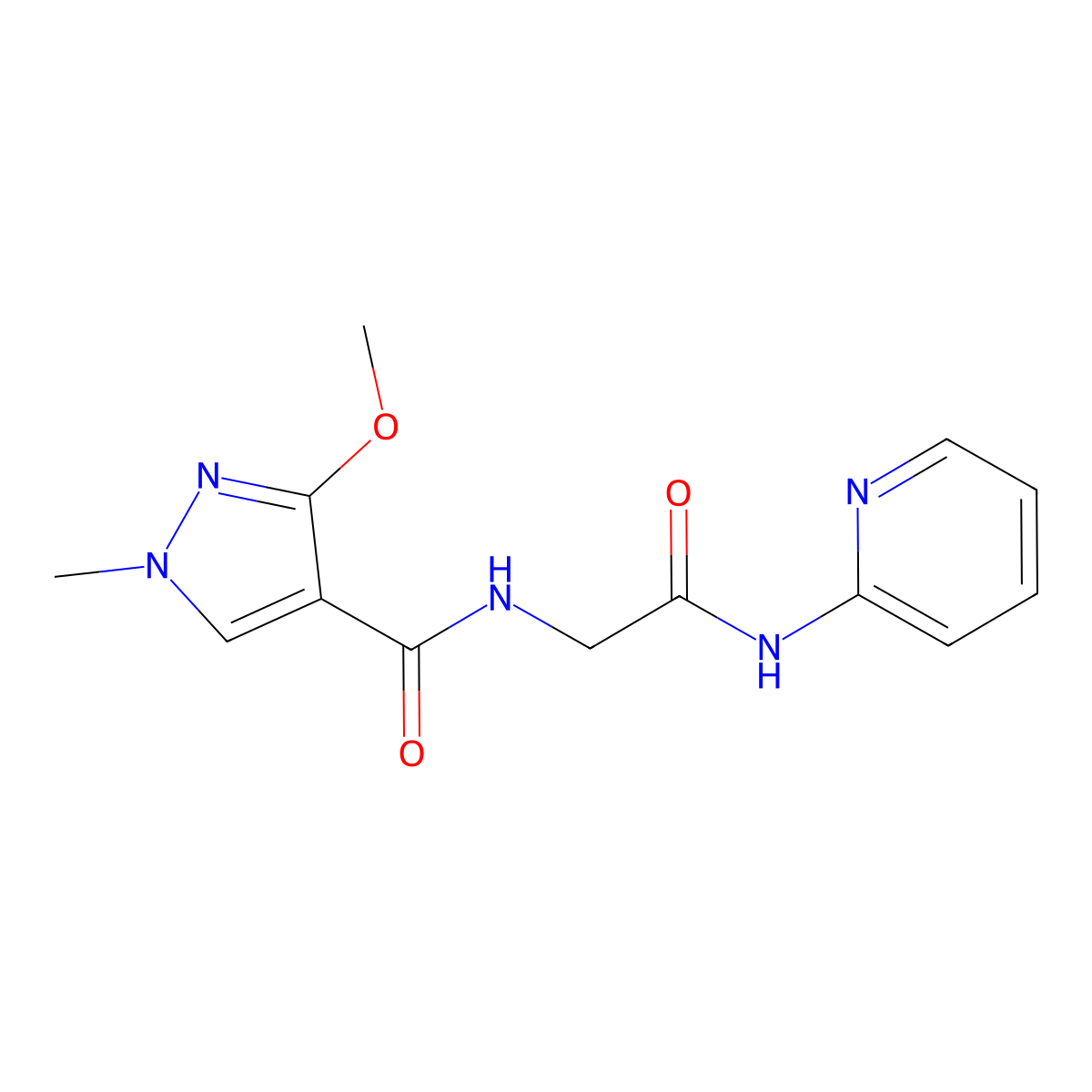 3-methoxy-1-methyl-N-(2-oxo-2-(pyridin-2-ylamino)ethyl)-1H-pyrazole-4-carboxamide molecular structure, CAS 1251684-95-3
