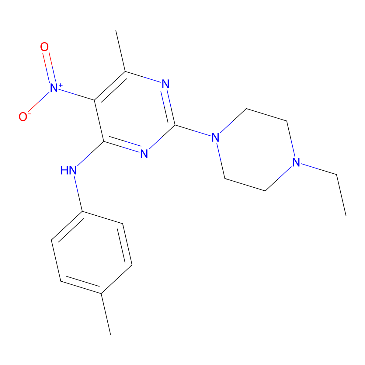 2-(4-ethylpiperazin-1-yl)-6-methyl-5-nitro-N-(p-tolyl)pyrimidin-4-amine molecular structure, CAS 1251685-11-6