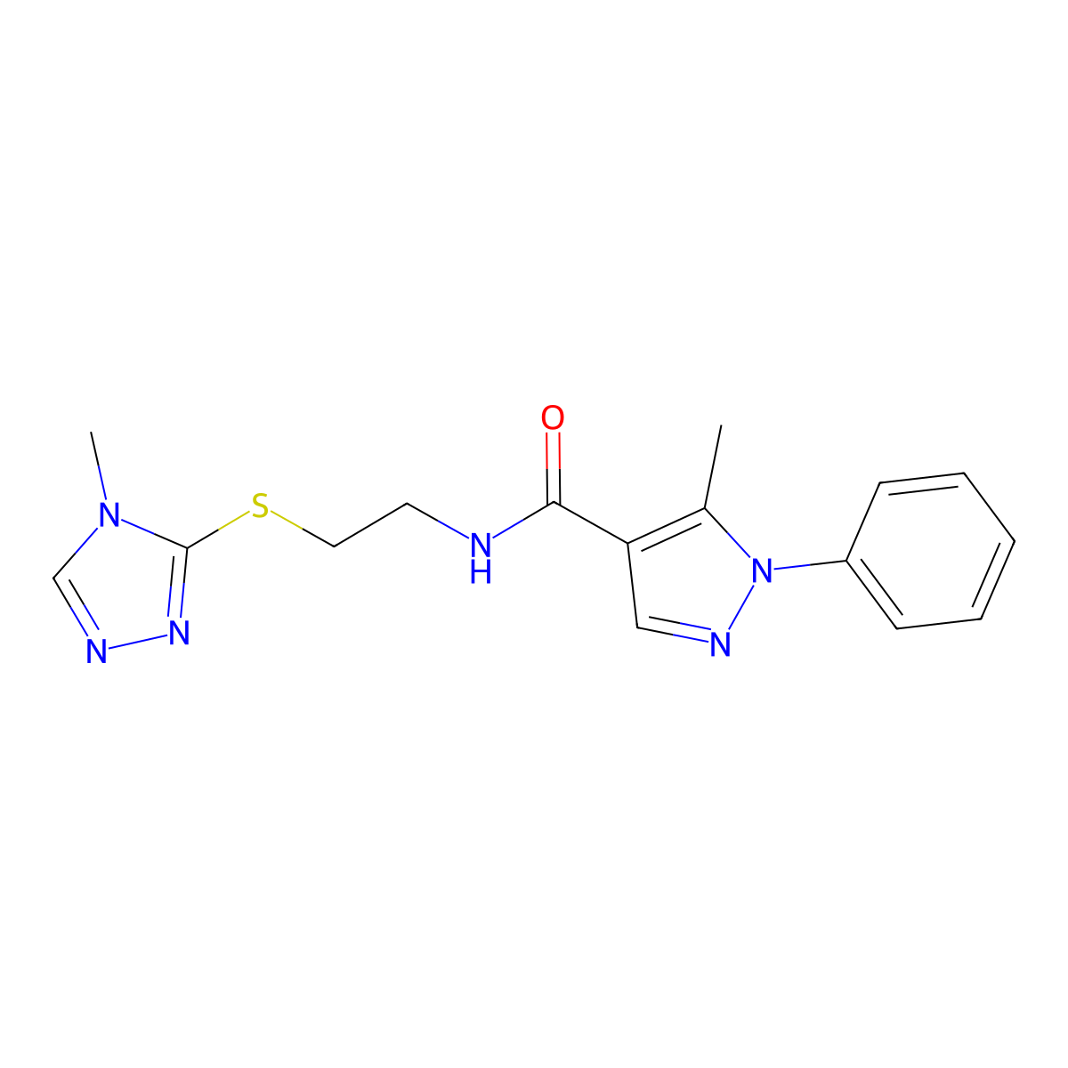 5-methyl-N-(2-((4-methyl-4H-1,2,4-triazol-3-yl)thio)ethyl)-1-phenyl-1H-pyrazole-4-carboxamide molecular structure, CAS 1251685-16-1