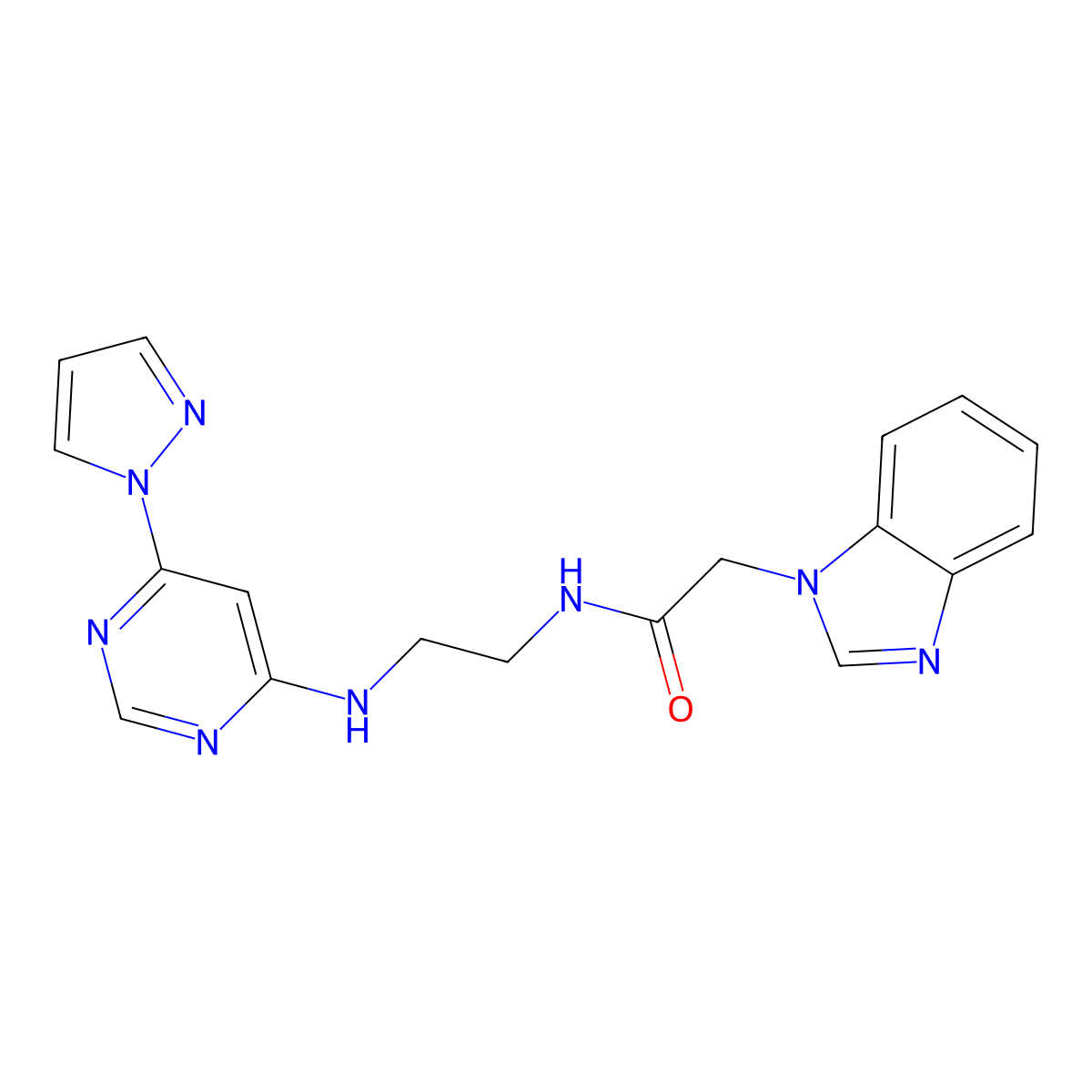 N-(2-((6-(1H-pyrazol-1-yl)pyrimidin-4-yl)amino)ethyl)-2-(1H-benzo[d]imidazol-1-yl)acetamide molecular structure, CAS 1251685-31-0