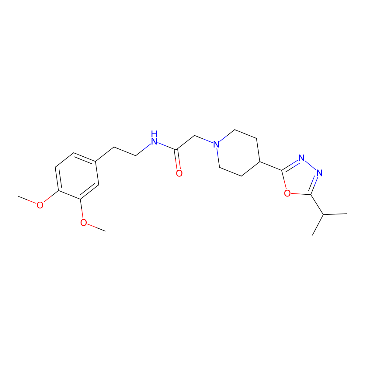 N-(3,4-dimethoxyphenethyl)-2-(4-(5-isopropyl-1,3,4-oxadiazol-2-yl)piperidin-1-yl)acetamide molecular structure, CAS 1251685-34-3