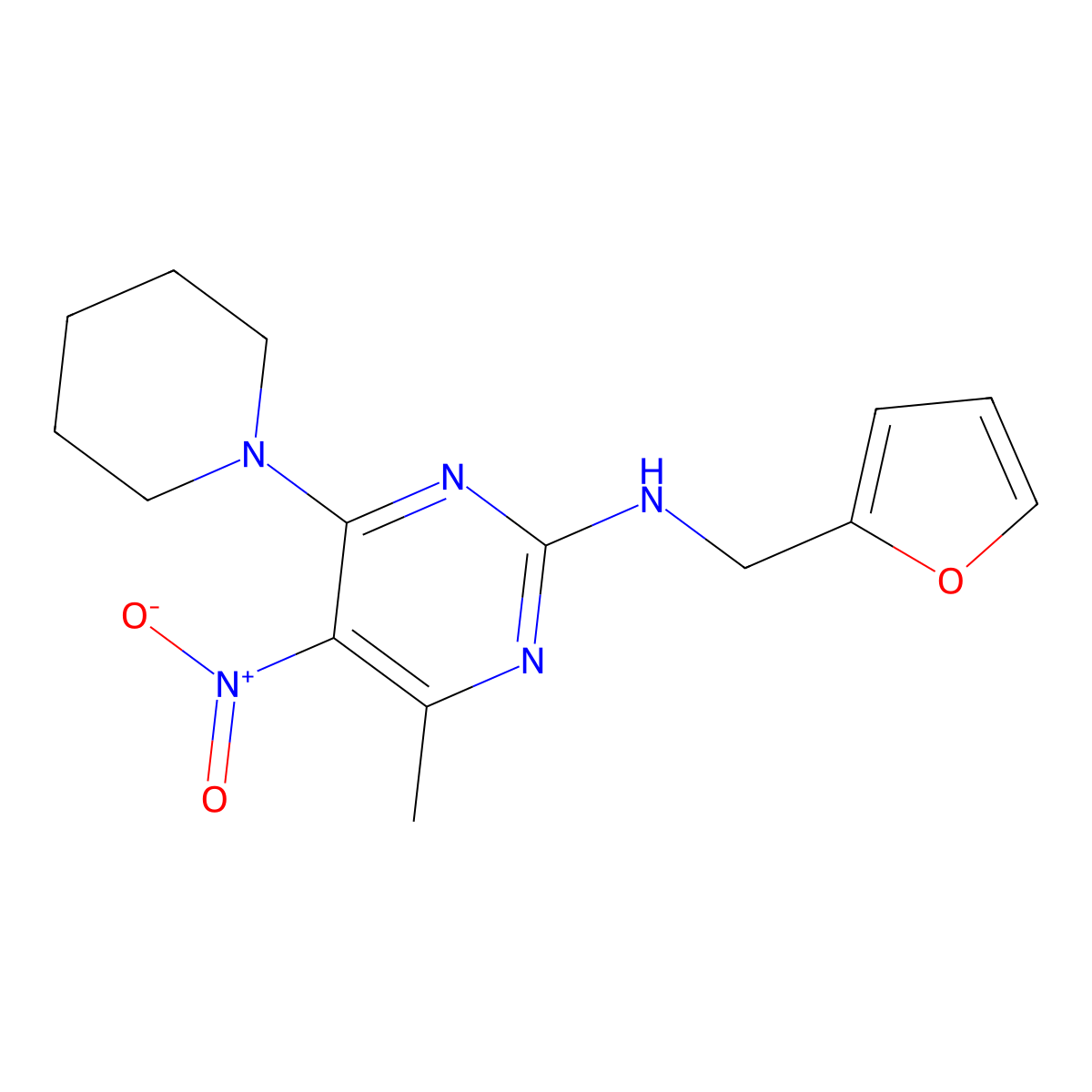 N-[(furan-2-yl)methyl]-4-methyl-5-nitro-6-(piperidin-1-yl)pyrimidin-2-amine molecular structure, CAS 1251685-48-9