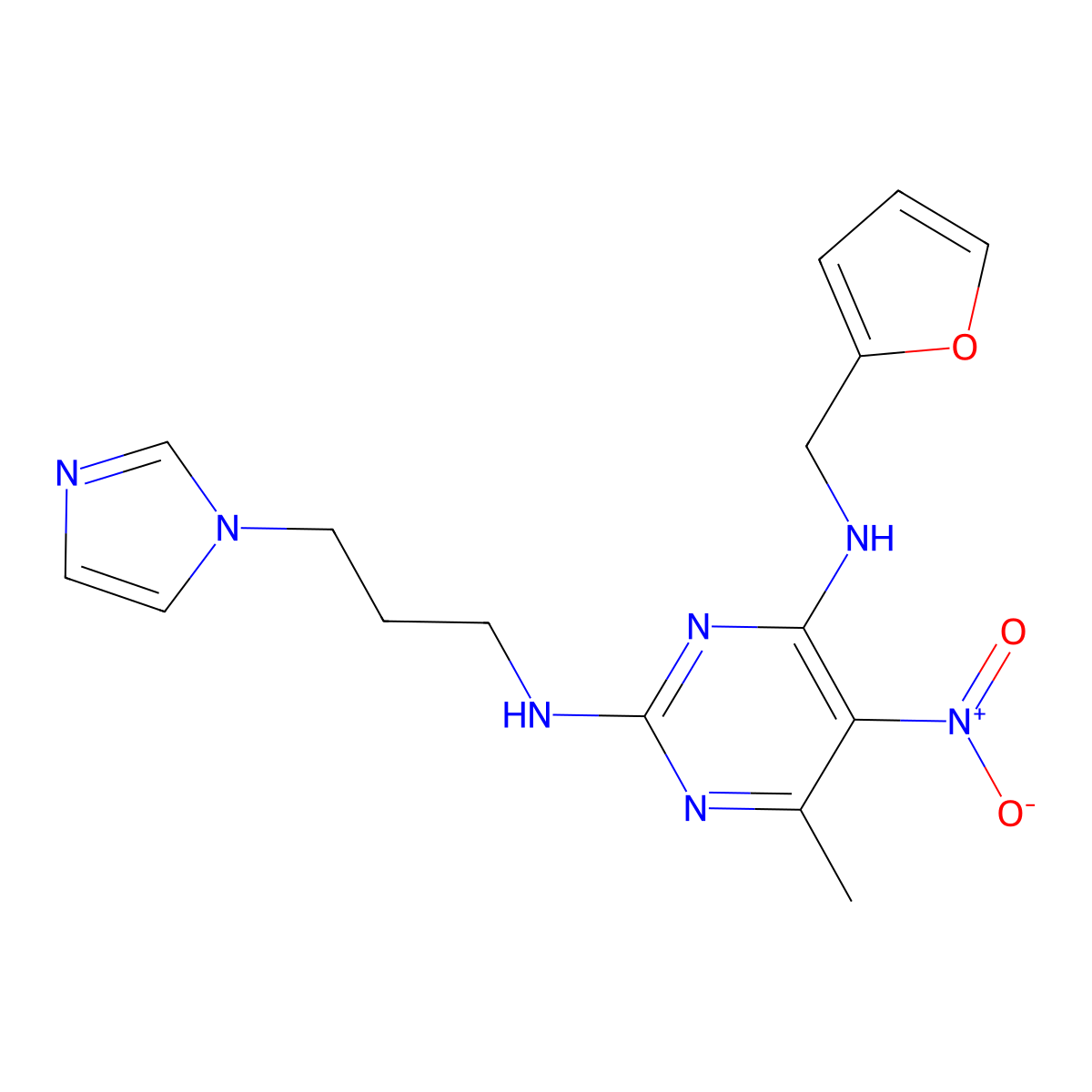 N2-(3-(1H-imidazol-1-yl)propyl)-N4-(furan-2-ylmethyl)-6-methyl-5-nitropyrimidine-2,4-diamine molecular structure, CAS 1251685-51-4