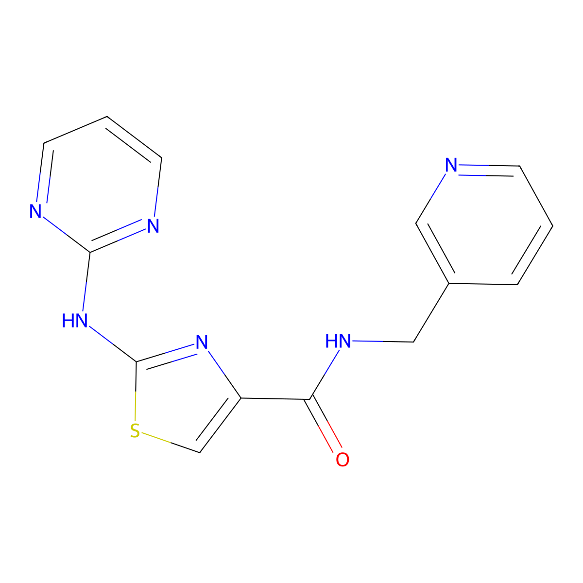 N-(pyridin-3-ylmethyl)-2-(pyrimidin-2-ylamino)thiazole-4-carboxamide molecular structure, CAS 1251685-81-0