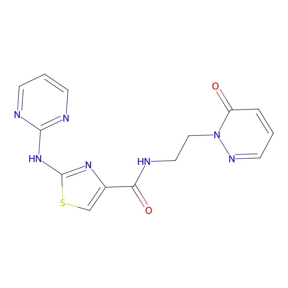 N-(2-(6-oxopyridazin-1(6H)-yl)ethyl)-2-(pyrimidin-2-ylamino)thiazole-4-carboxamide molecular structure, CAS 1251685-88-7