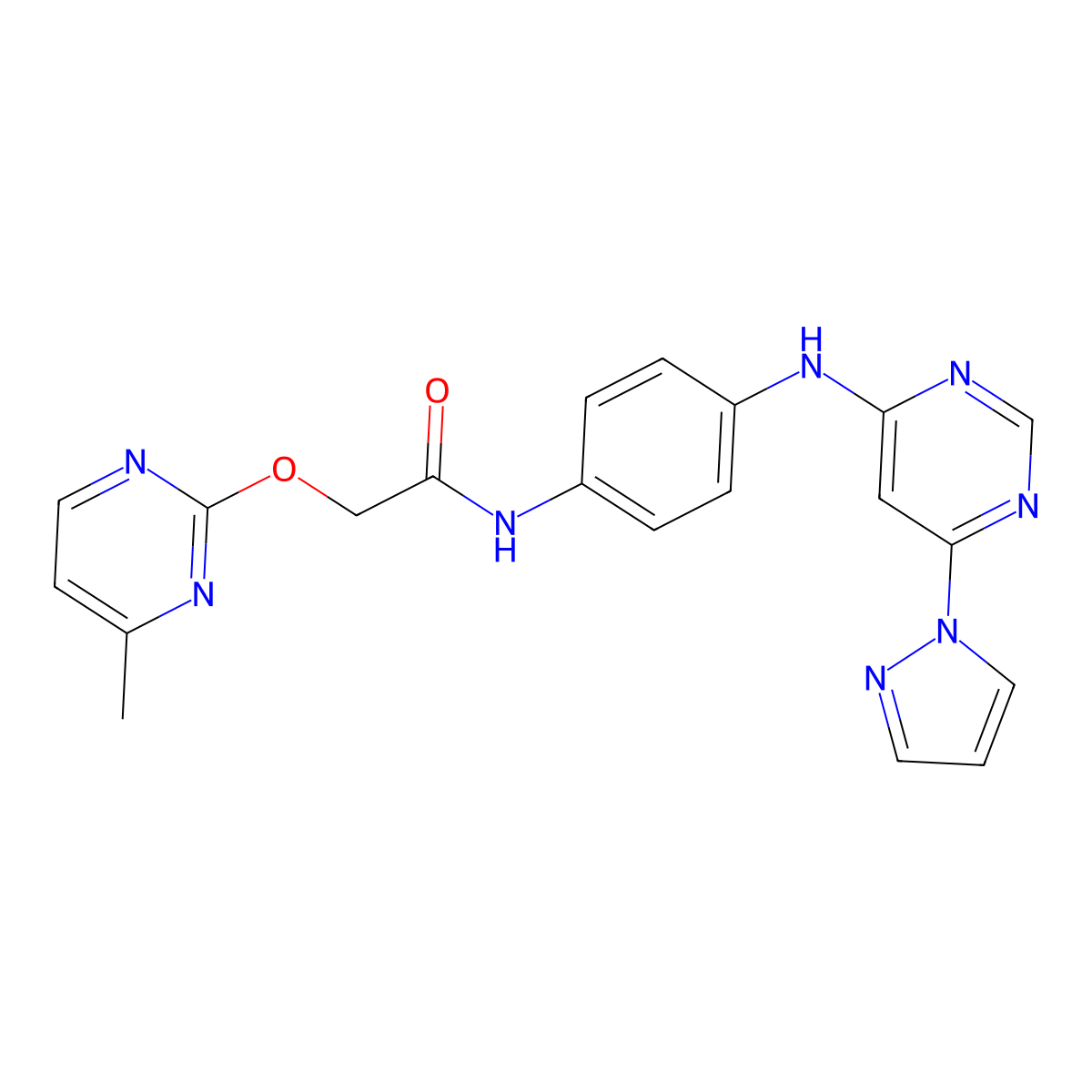 N-(4-((6-(1H-pyrazol-1-yl)pyrimidin-4-yl)amino)phenyl)-2-((4-methylpyrimidin-2-yl)oxy)acetamide molecular structure, CAS 1251685-89-8