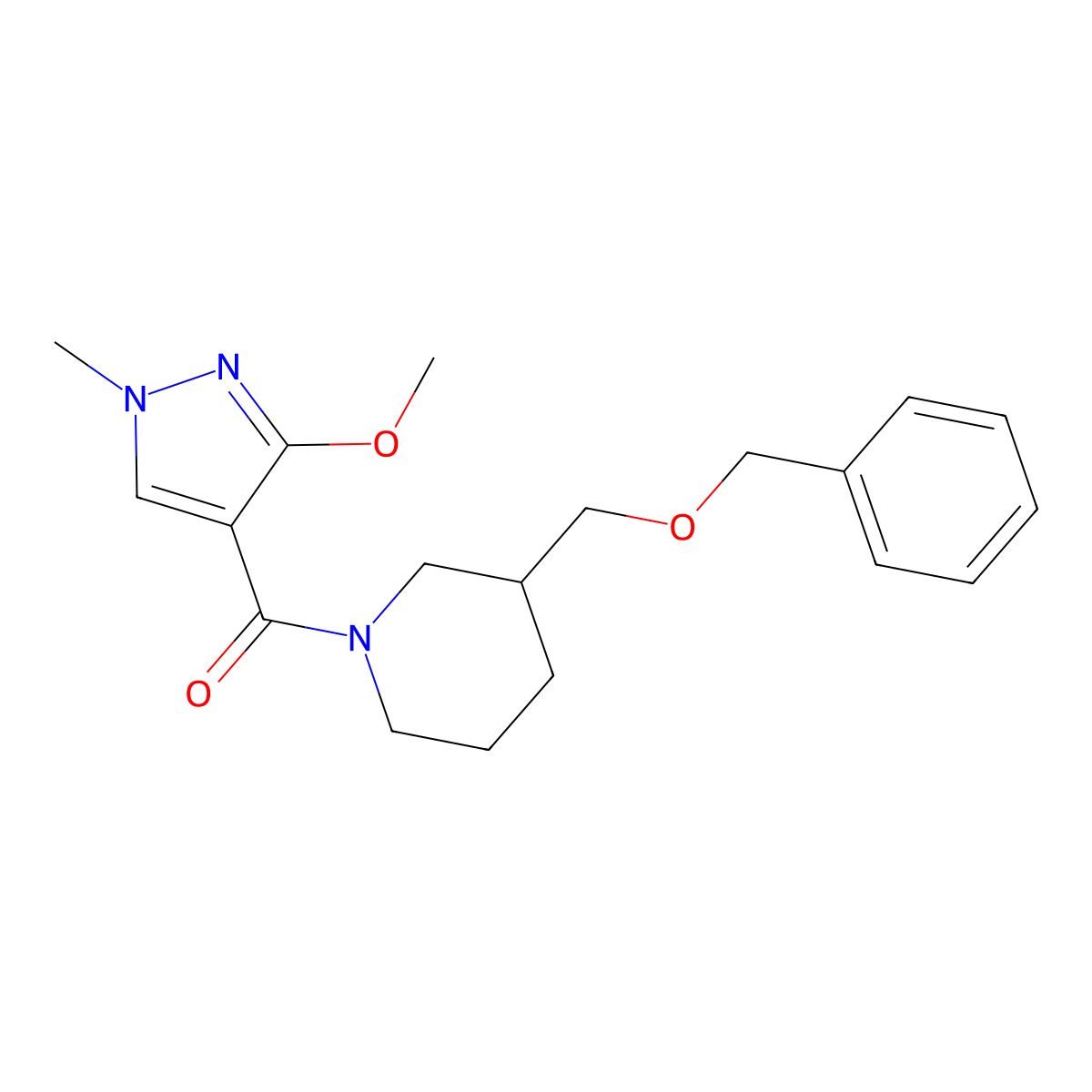 (3-((benzyloxy)methyl)piperidin-1-yl)(3-methoxy-1-methyl-1H-pyrazol-4-yl)methanone molecular structure, CAS 1251685-90-1