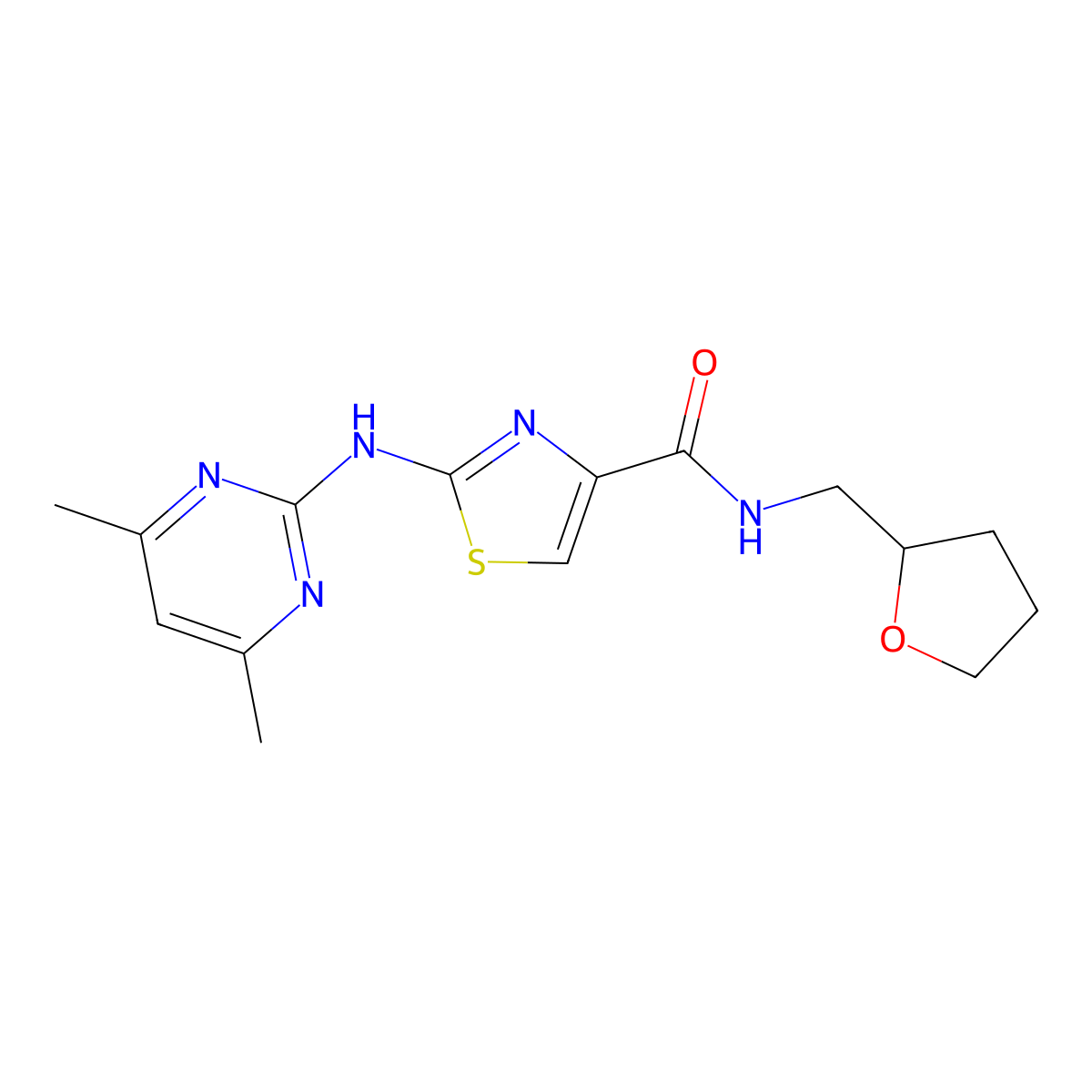 2-((4,6-dimethylpyrimidin-2-yl)amino)-N-((tetrahydrofuran-2-yl)methyl)thiazole-4-carboxamide molecular structure, CAS 1251685-92-3