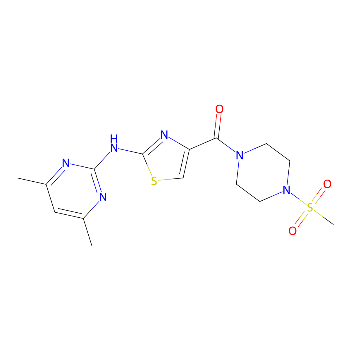 (2-((4,6-Dimethylpyrimidin-2-yl)amino)thiazol-4-yl)(4-(methylsulfonyl)piperazin-1-yl)methanone molecular structure, CAS 1251685-94-5